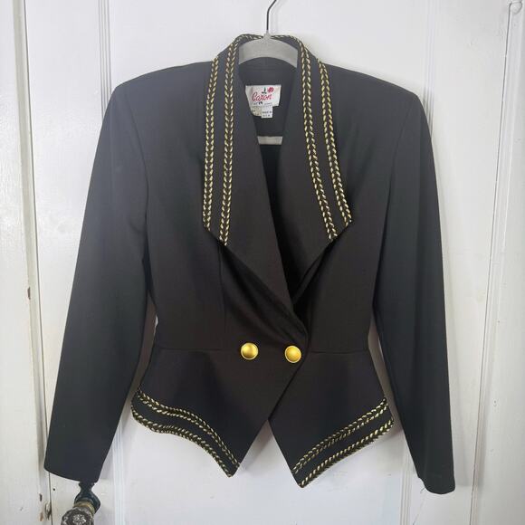 VTG Caron Black Gold Ornate Fitted Power Blazer Eclectic Angular Long Sleeves 6 - Picture 1 of 11